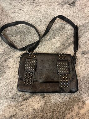 Black Studded Crossbody Bag with Embossed Skull Detail